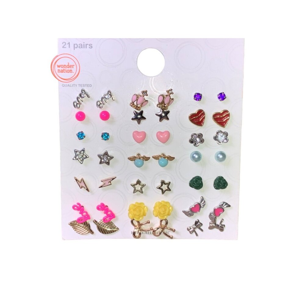 Wonder Nation Post Earring Set of 21 Pairs Hearts Stars Flowers, Ribbon